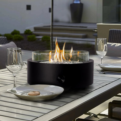 14-inch Tabletop Propane Fire Pit, Portable Fireplace Round Fire Bowl with Wind Glass Guard, Glass Rocks - Black
