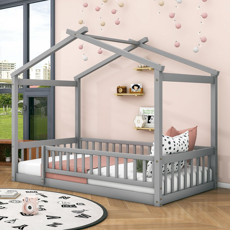 Structure de lit en bois avec clôture Akeiba, pour enfants, adolescents, Simple, Gris