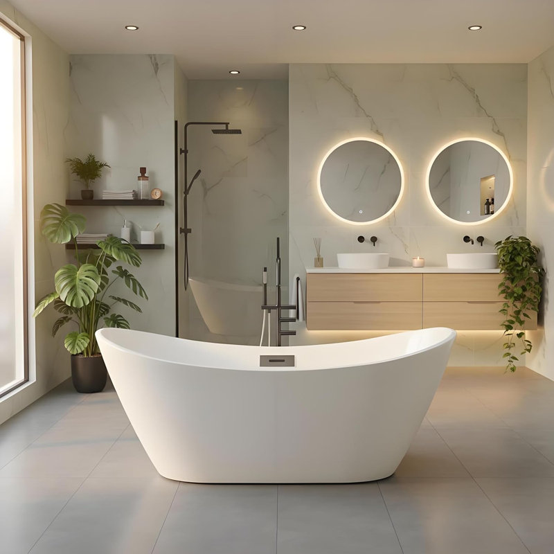 Baignoire de trempage autoportante en acrylique de 59 pouces avec bonde et trop-plein chromés, baignoire moderne compacte pour améliorer la salle de bain et relaxer à la maison
