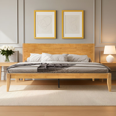Structure de lit Arvion pour très grand lit - ARB-41-K avec tête et pied de lit en bois, pieds centraux en métal, 12 lattes robustes, sans bruit et antidérapant, assemblage facile, aucun sommier nécessaire, rangement sous le lit, chêne miel