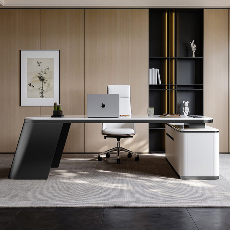 Bureau en pierre frittée en forme de L italien de luxe avec armoire de rangement grande capacité et multiprise multifonctionnelle