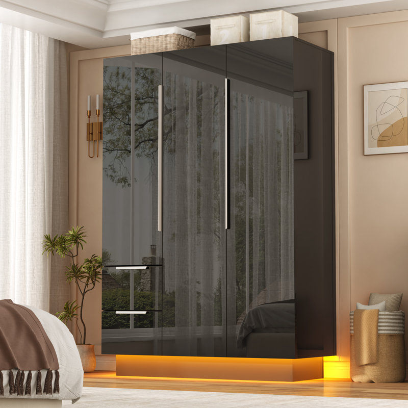 Armoire-penderie moderne ultrabrillante avec tablettes et tringle, Noir