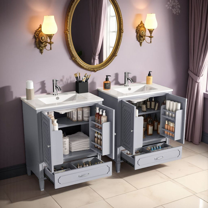 Ensemble de meuble-lavabo double 60 po, Gris, Ensemble de centre 8 po
