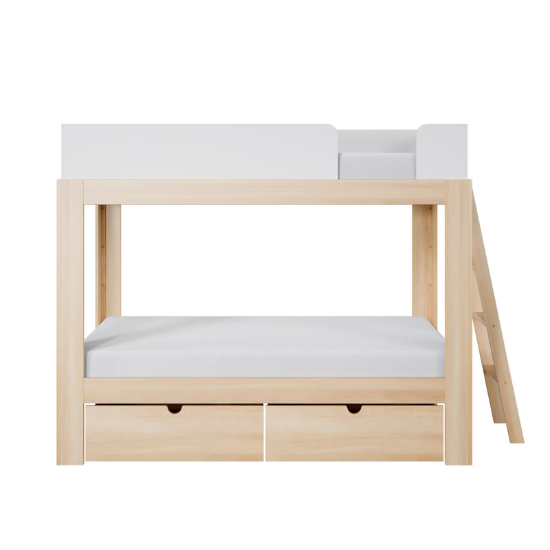 Lit superposé simple au-dessus de simple de style Mid-Century avec tiroirs de rangement, blond / blanc, Blond / blanc