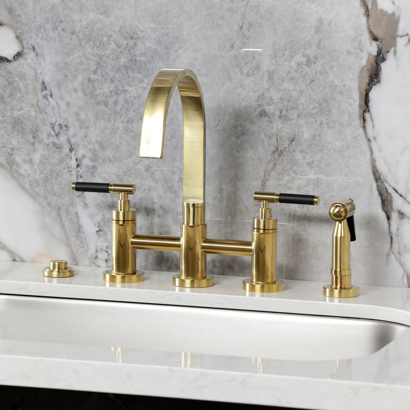 Kingston Brass Kaiser Two-Handle 4-Hole Deck Mount Bridge Kitchen Faucet with Brass Side Sprayer, Brushed Brass