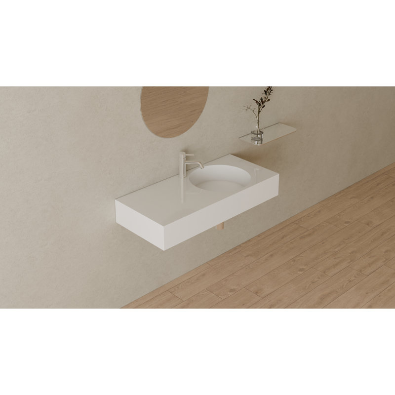 Lavabo de salle de bain mural rectangulaire en résine avec trop-plein 39,4 po x 17,7 po Badeloft WT-02-B-G, Glossy White
