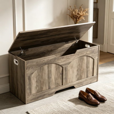 Banc coffre de rangement rétro de 39,4 pouces avec charnières de sécurité, grand coffre de rangement de hall d'entrée avec ouverture en forme de U, siège d'une capacité de 330 lb et rangement de 220 lb, pour le couloir du salon, de la chambre à coucher, gris clair