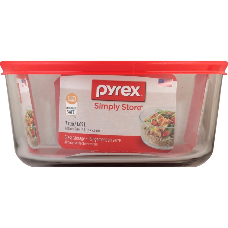  Pyrex Storage 7 Cup Round Dish, Clear with Red + Blue