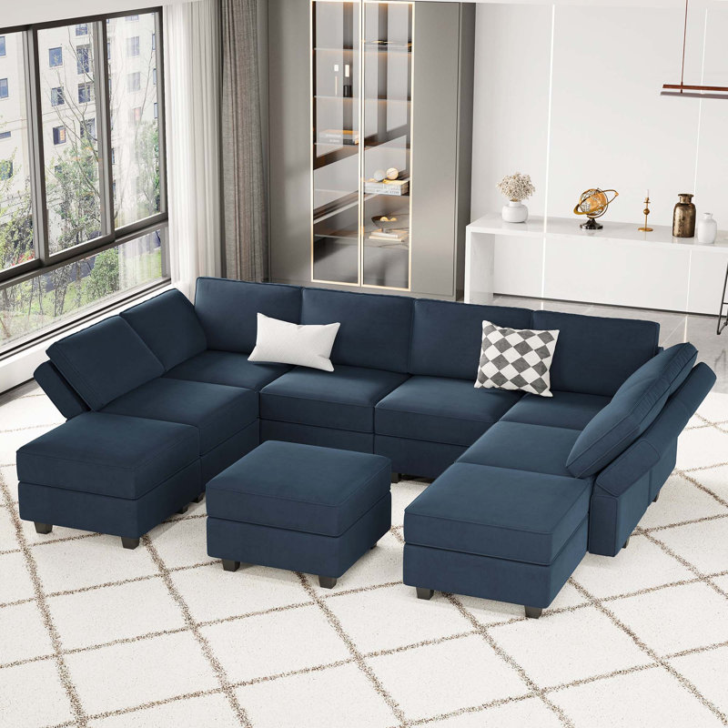 Wylodene 116.6'' Variable Module Velvet Sofa Bed Sectional U Shape Couch with Storage Seat Ottoman, Blue Velvet