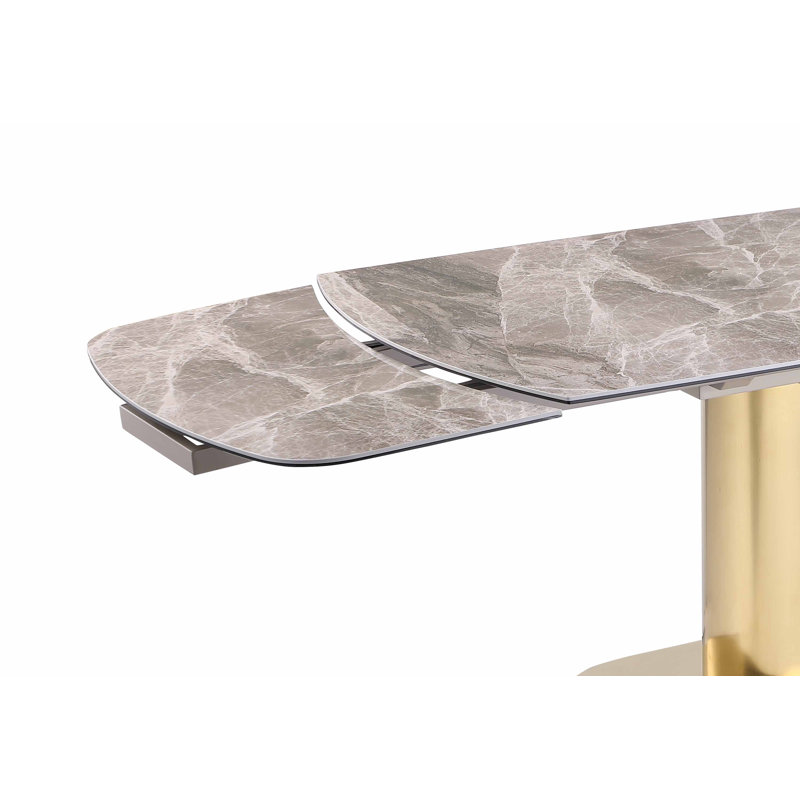 Elegant Extendable Faux Marble Dining Table with Brass Pedestal Base