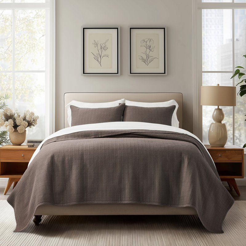Evergrace 100% Cotton Quilt, Pre-Washed Modern Grid Stitch Lightweight Bedspread Coverlet For All Season, Oversized 3-Piece Quilt Set With 2 Pillow Shams