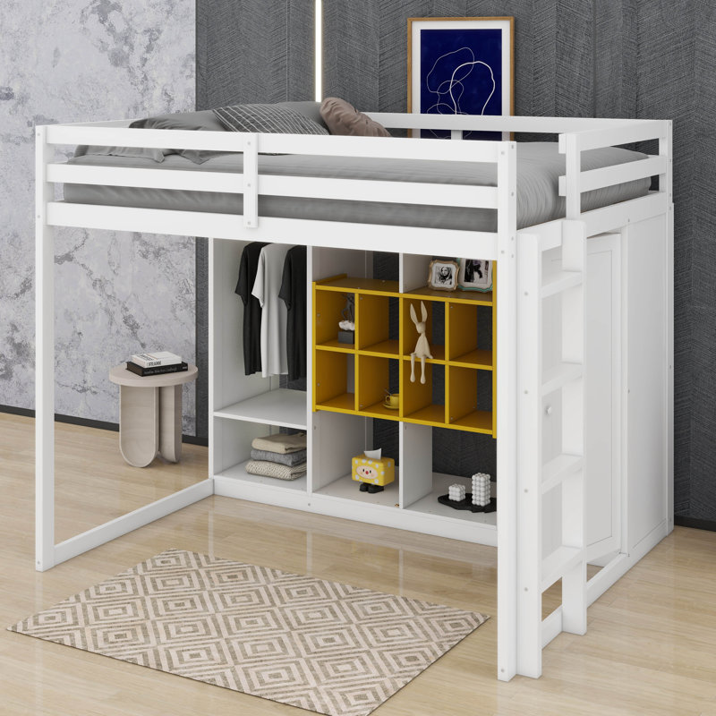 Lit mezzanine double en bois avec tablettes, armoire et garde-robe, Blanc / jaune