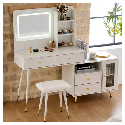 Coiffeuse moderne avec miroir DEL, table de maquillage rétractable avec tiroirs et armoire, coiffeuse compacte avec prise électrique pour chambre, blanche