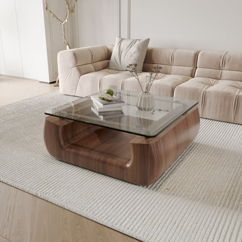 Modern Walnut & Glass Coffee Table, Curved Wooden Design with Tempered Glass Top, Open Storage Shelf, Mid-Century Center Table for Living Room
