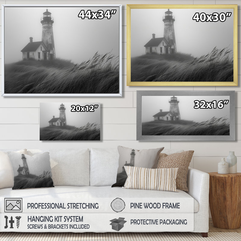 Phare monochrome brouillard d'hiver, falaise I - art mural de salon phares, Cadre flottant blanc, H 16 po x l 32 po