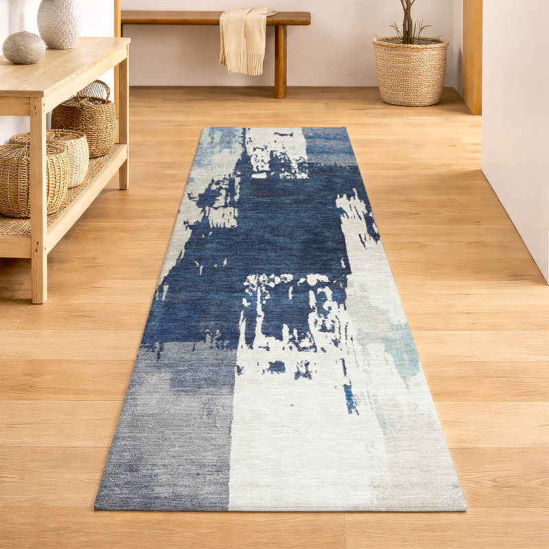 Premium Machine Washable Mayfield AMF2347 Abstract Rug, Blue, 2'3" x 7'6" Runner