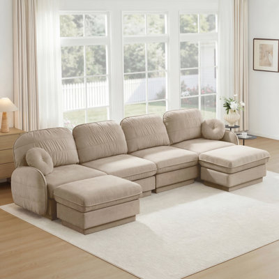 Canapé en forme de U, canapé à assise profonde avec repose-pieds mobile, coussins ronds exquis et coussins de dossier matelassés