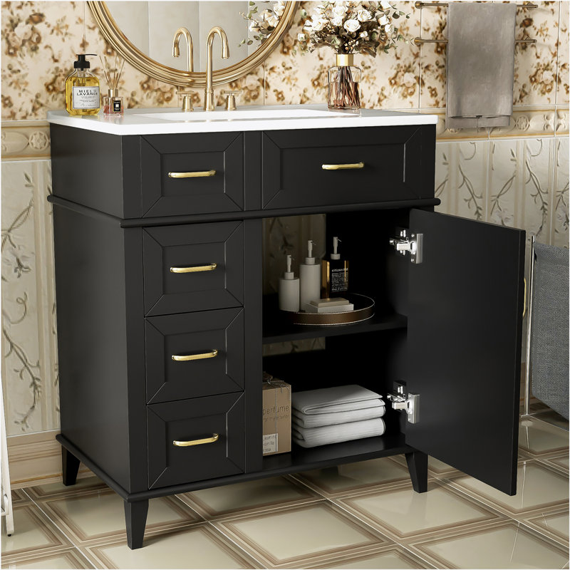 Meuble-lavabo de 30 pouces avec lavabo en céramique, tablette réglable, porte à fermeture en douceur et trois tiroirs à fermeture en douceur