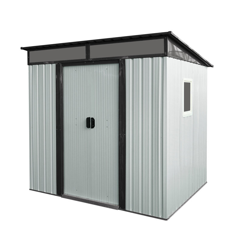Outdoor Metal Storage Shed with Window and Transparent plate, White/Black, 77.25" H x 93.75" W x 68.50" D