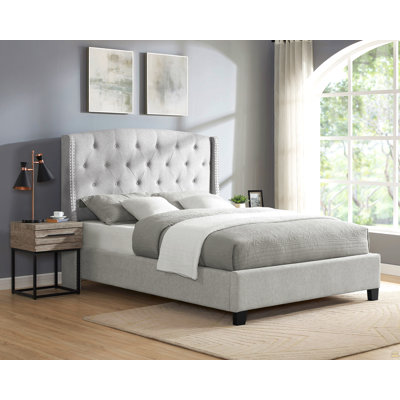 1Pc King Size Upholstered Panel Bed Button Tufted Nail Head Dove