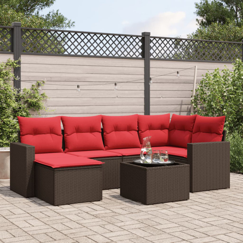 Ensemble de canapé de patio 7 pièces avec coussins en rotin de polyester, Rouge, Brun