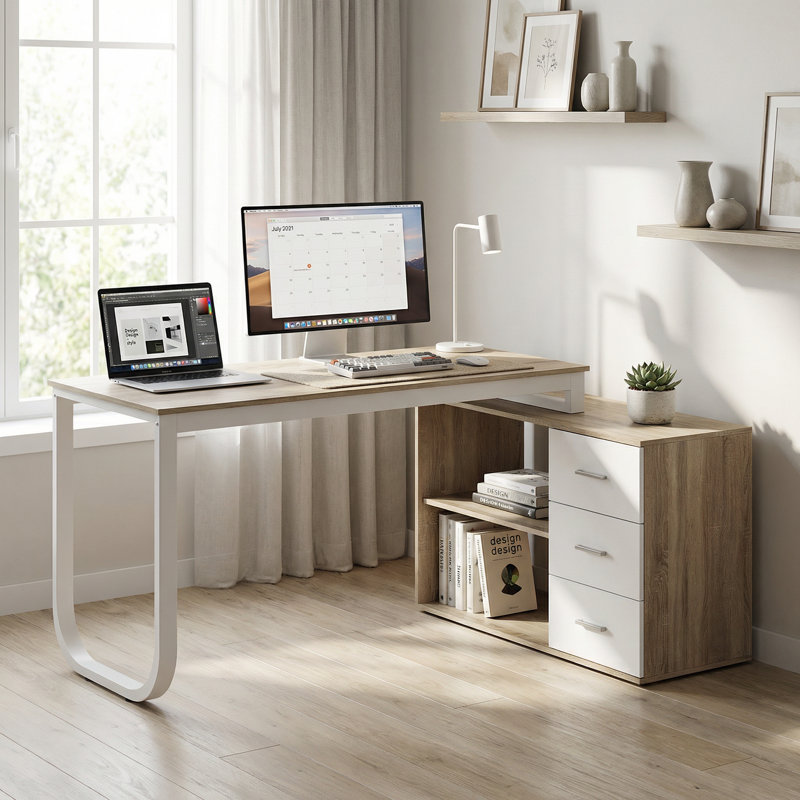 Latwon L-Shaped Writing Desk, Oak/White