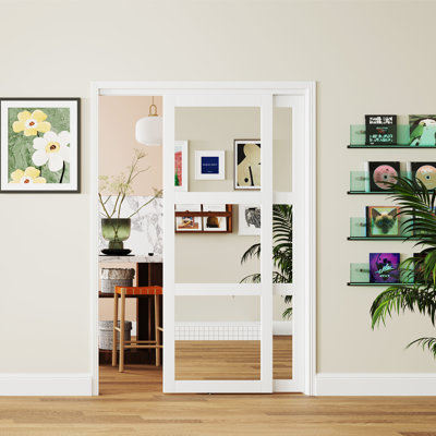 3-Lite Mirrored Solid Manufactured Wood Flush Prefinished Sliding Closet Door