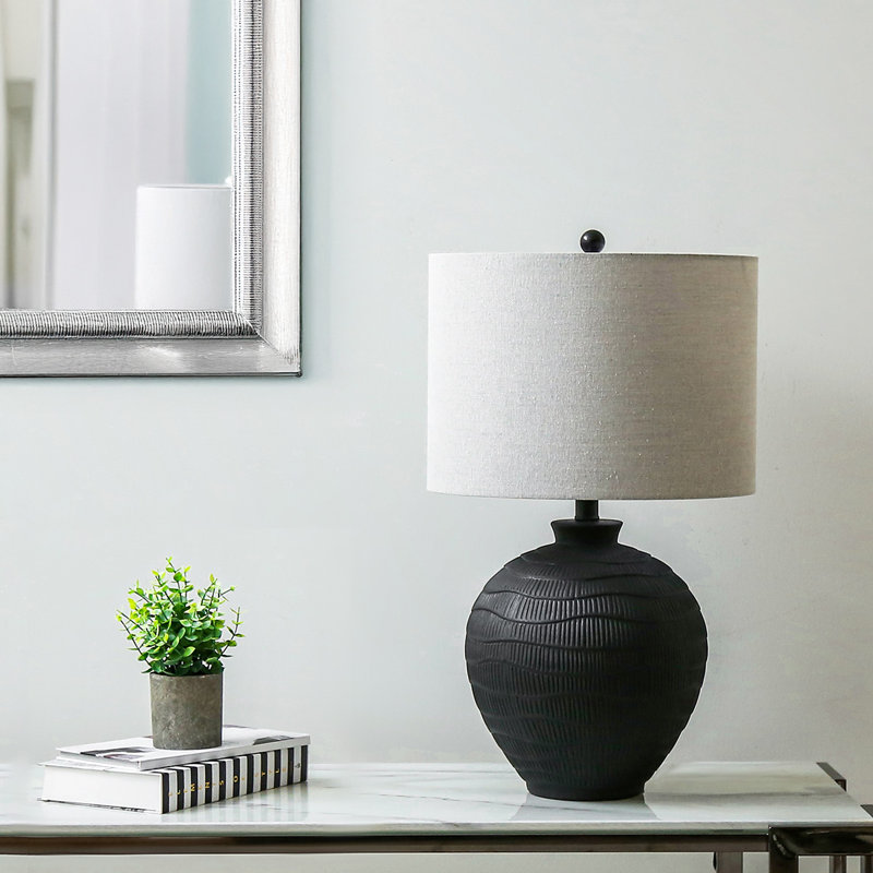 61cm Tall Ceramic Living Room Table Lamp, Bedside Lamp Linen Shade, Buffet Lamp, Grey, Black