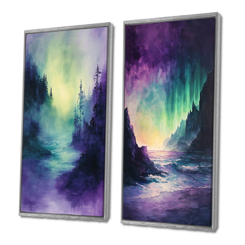 Ensemble de 2 pièces d'art mural vert et mauve Tachisme Landscape I - Tachisme, H 40 po x l 40 po, Encadrement argenté