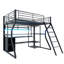 Lit mezzanine en métal noir avec rangement spacieux, garde-robe ouverte et conduit pour un environnement de travail relaxant