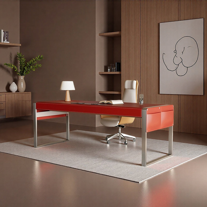 Refined Saddle Leather Desktop Desk, 29.53" H x 62.99" W x 31.5" D