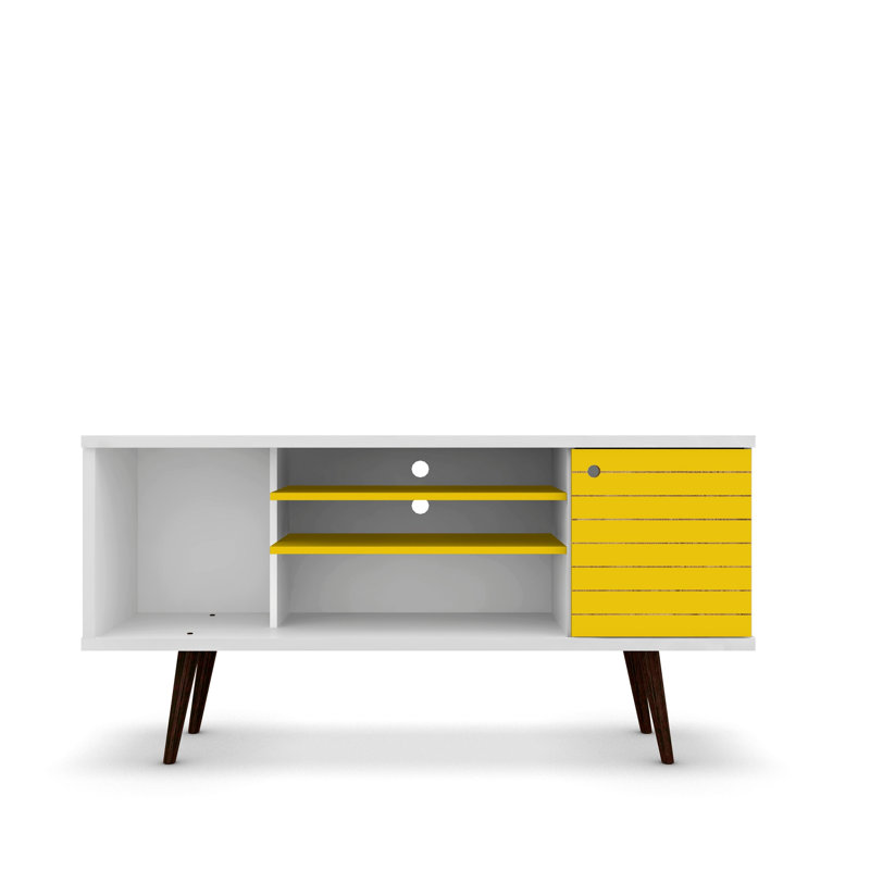 Meuble télé avec tablettes et armoire, Blanc / jaune
