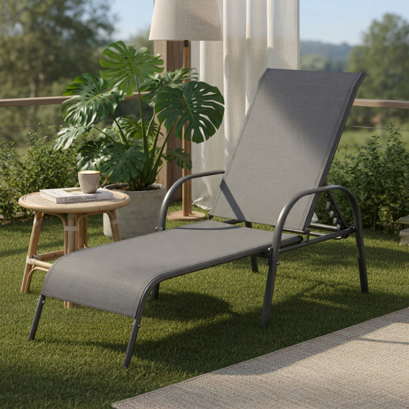 Chaise longue réglable pliante pour patio, piscine et cour arrière - gris foncé, structure en acier, dossier inclinable à 5 positions, capacité de 350 lb