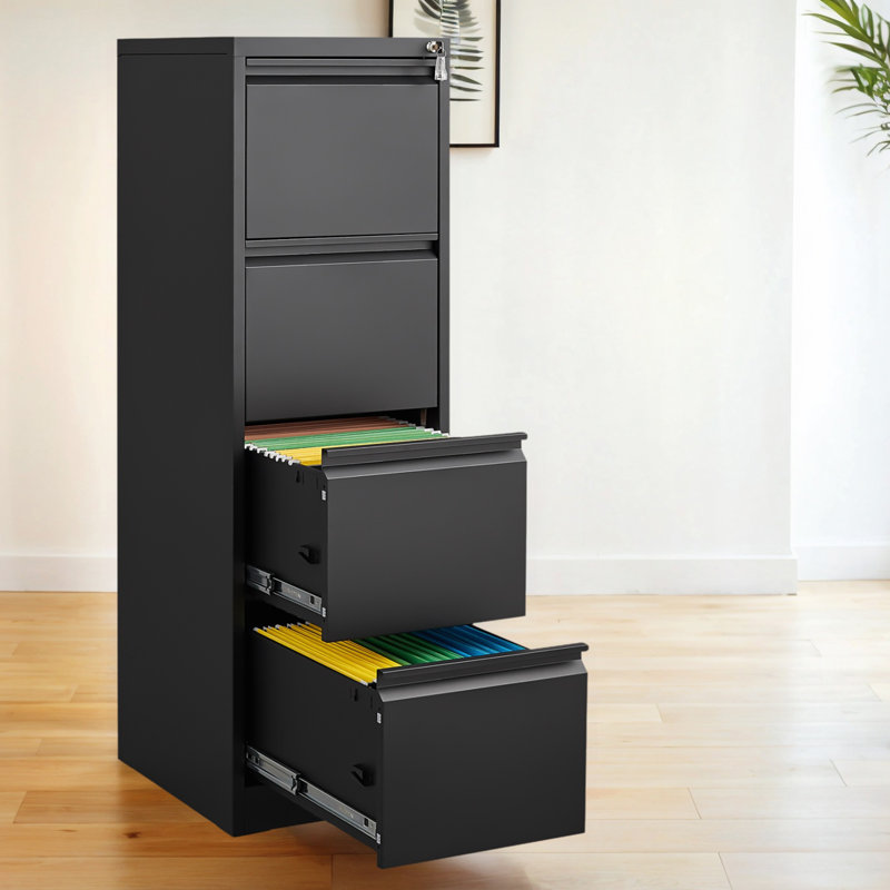 4-Drawer Vertical File Cabinet With Noise-Free Sliding Drawers And Interlocking Mechanism,Adjustable Hanging Rods, Black