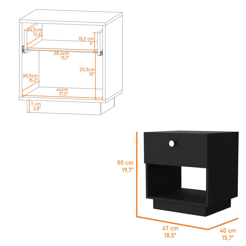 1 table de chevet noire avec rangement de chambre à coucher contemporain, Black