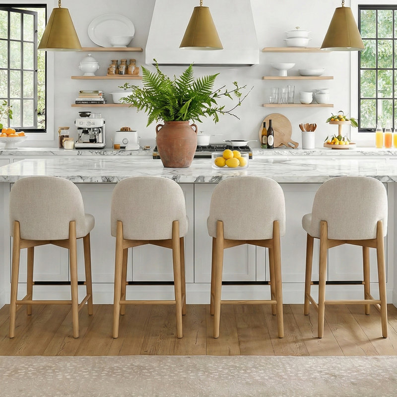 Tabourets de comptoir rembourrés en mélange de lin avec pieds en bois massif, Beige