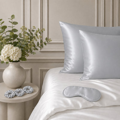 Ensemble 6 pièces de taies d'oreiller et accessoires de literie en satin de soie soyeux