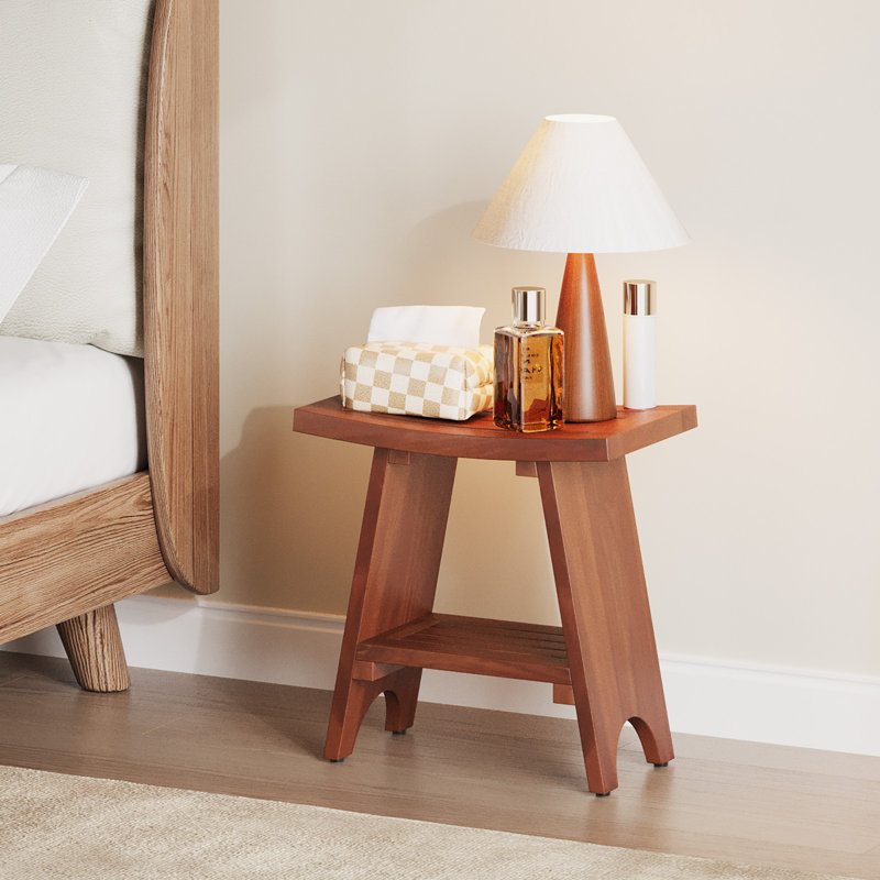 18" Waterproof Teak Shower Bench with Storage Shelf, Versatile Shower Stool for Shaving Legs and Indoor/Outdoor Use