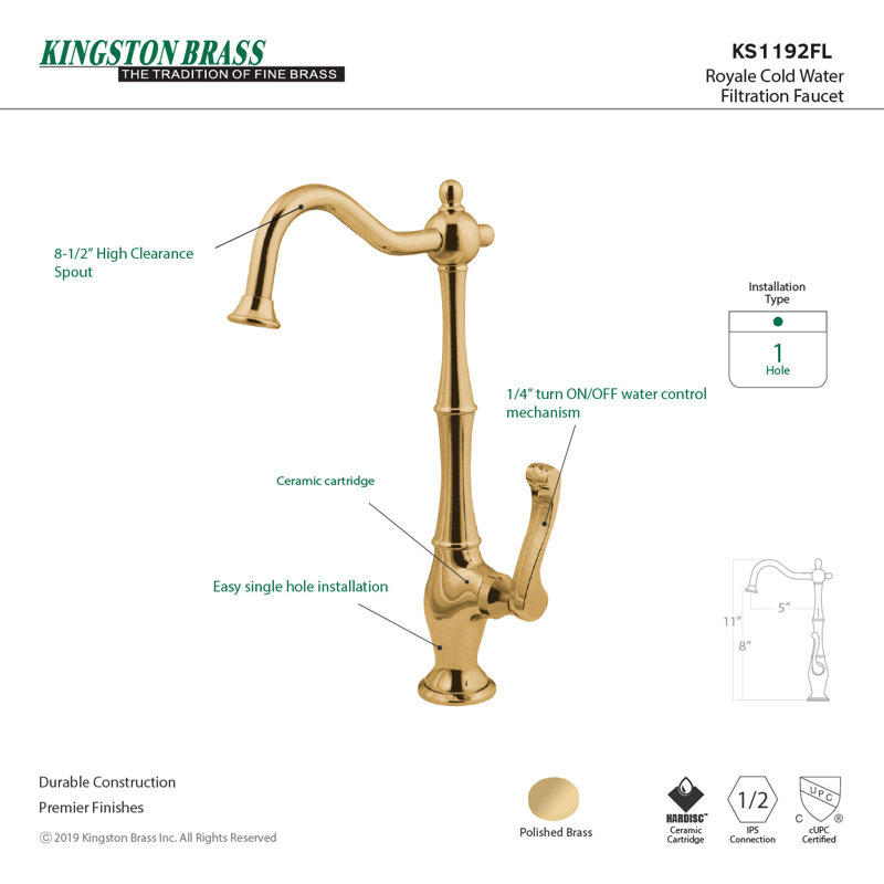 Royale Single Handle Kitchen Faucet, Polished Brass