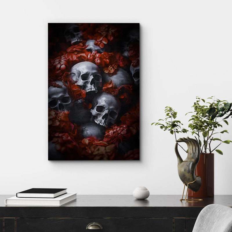 Crânes et fleurs dans un décor sombre Moody foncé, œuvre d'art moderne, décor, Toile tendue, H 48 po x l 32 po