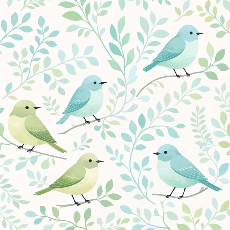 Couvertures illustrées avec des oiseaux sur des branches, L 50 po x H 60 po, Vert clair / bleu clair