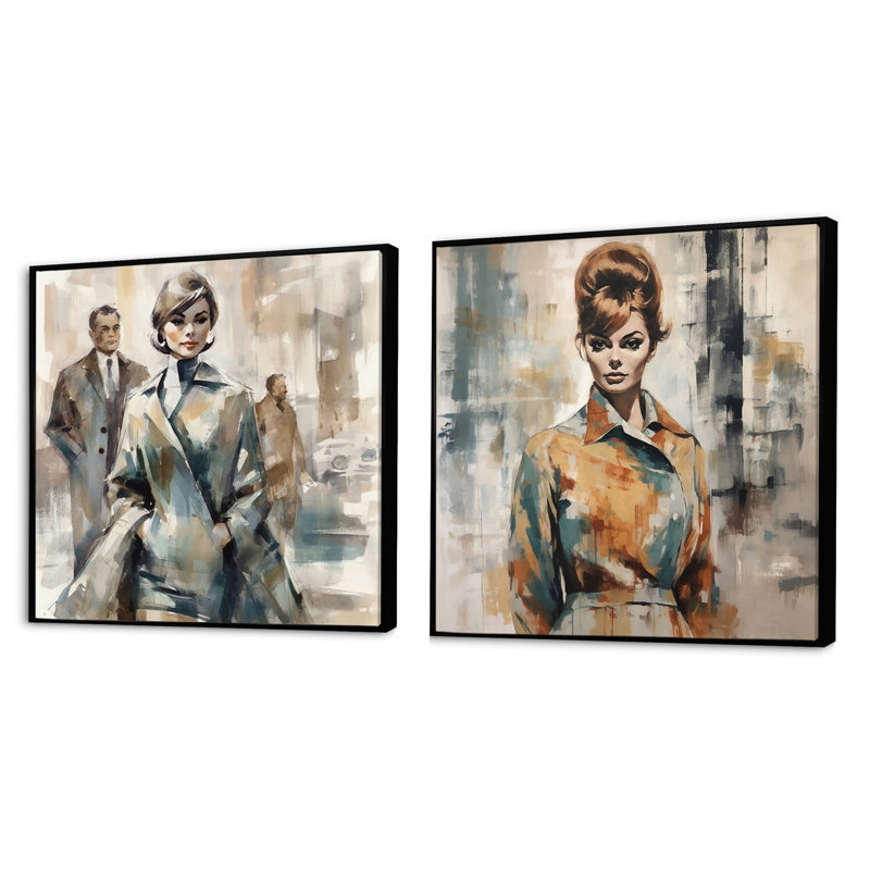 Style Mid-Century féminin - Ensemble de 2 colliers carrés, Cadre flottant noir, H 30 po x l 61 po