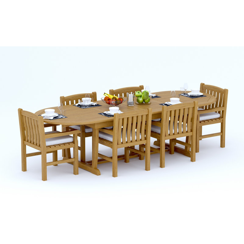 6 Seats 7 Pcs Grade-A Teak Wood Dining Set: 118" Double Extension Mas Oval Trestle Leg Table And 6 Devon Arm Chairs #11DV2706