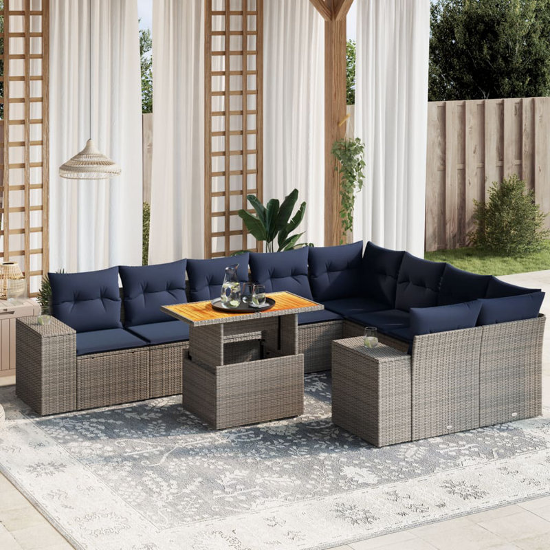  Ensemble de canapé de patio 10 pièces avec coussins en rotin de polyester, Gris, Bleu
