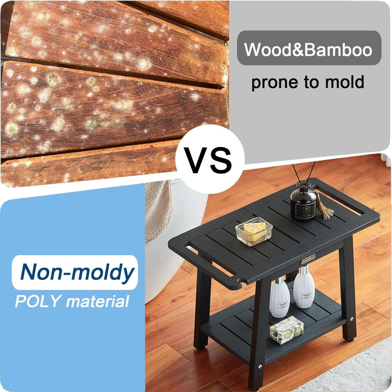 Banc de douche avec poignées et support de pomme de douche, siège de rasage de salle de bain imperméable avec pieds réglables antidérapants et tablette de rangement