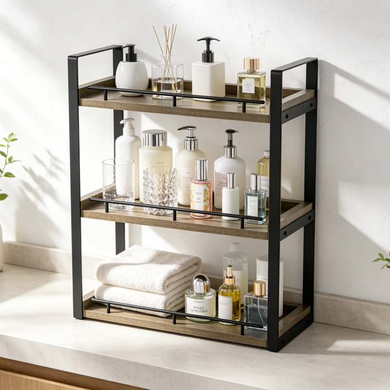 Organisateur de comptoir de salle de bain à 3 niveaux, tablette de comptoir en bois pour le rangement de maquillage pour la toilette, brun rustique avec support en métal durable pour l'évier de cuisine