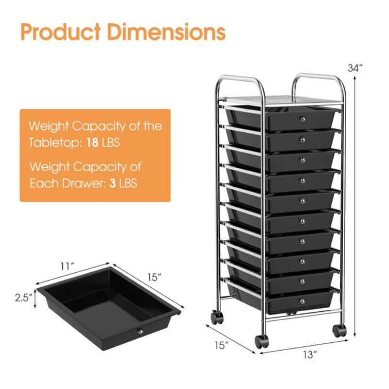 Organisateur de chariot de rangement roulant 10 tiroirs avec 4 roulettes universelles, Noir
