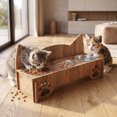 Gamelle triple surélevée en forme de chat, fini bois naturel ludique (19,5'' L x 8,8'' P x 9,4'' H)