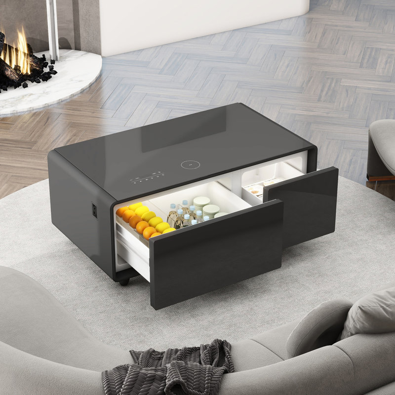 Rectangular Black Coffee Table With Refrigerated Drawers, Sound, Wireless Charging Dual Refrigeration, Charging, Ports,