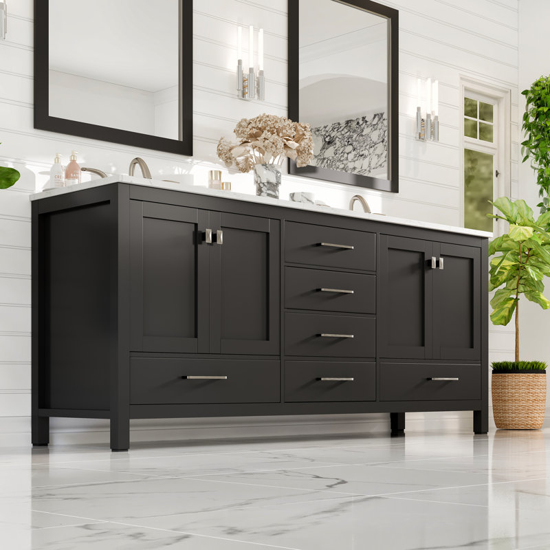 Minnich 78"W x 22"D Double Sink Bathroom Vanity with Undermount Porcelain Sink, Quartz - White Carrara, Espresso
